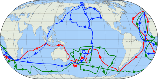 World map showing Cook's voyages.