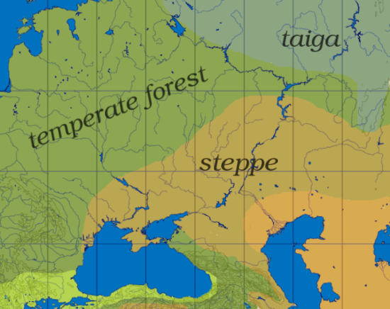 Map showing taiga, deciduous forest, and steppe.